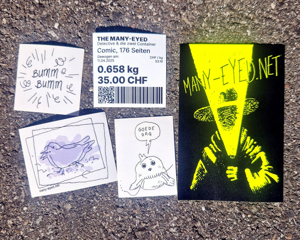 Five Stickers in glowing daylight: Bumm Bumm, Weight of the Book, Fields of Vision, Robotic Seal, Keyvisual on Neon Yellow.